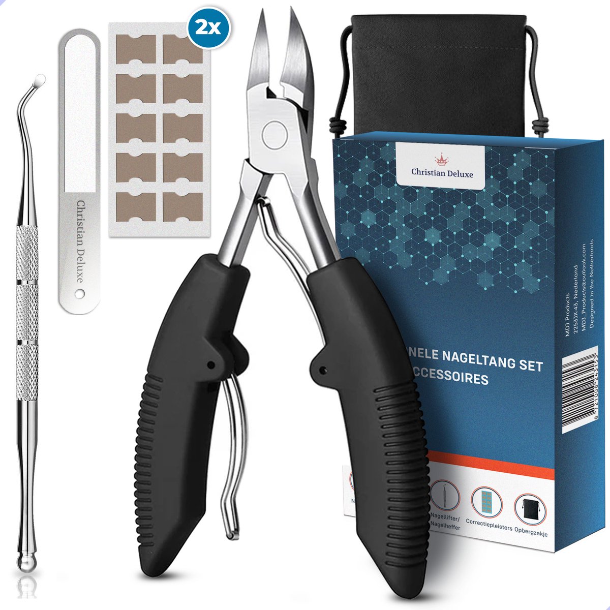 Christian Deluxe® Nageltang Pro set met opbergzakje - Nagelknipper - Pedicure Set - Nagelset - Nagelvijl - Manicure Set - Nageltang voor Kalknagels - Dubbele Vering - 20x Correctiepleisters