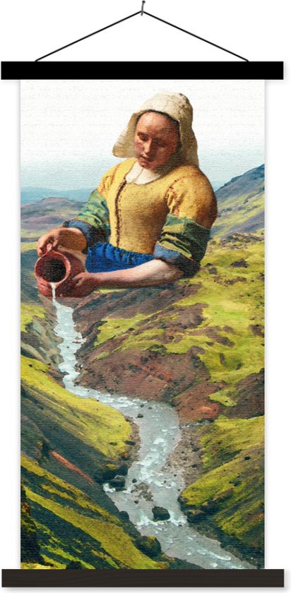 Posterhanger incl. Poster - Schoolplaat - Melkmeisje - Natuur - Vermeer - 90x180 cm - Zwarte latten