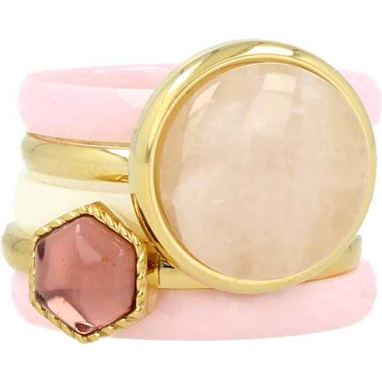 My Bendel - Goudkleurige ringenset met Rose Quartz edelsteen - Goudkleurige ringen set van 5 ringen van edelstaal, keramiek, glassteen en Rose Quartz edelsteen - Met luxe cadeauverpakking