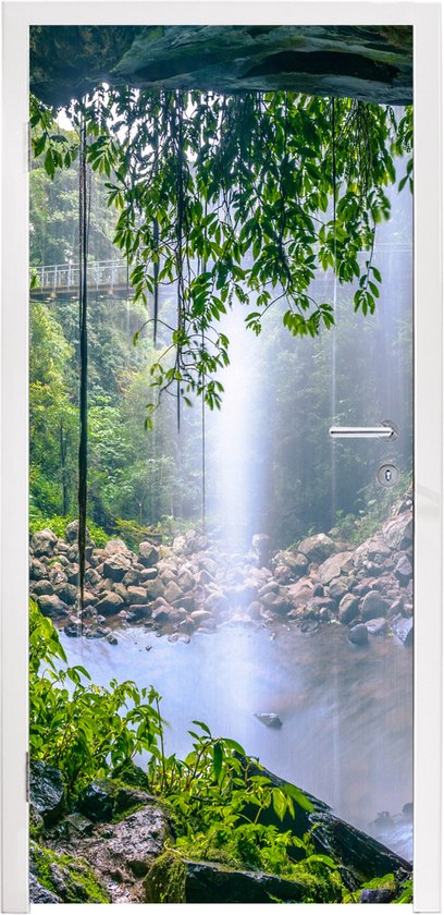 Deurposter 80x205 cm - Deursticker Jungle - Regenwoud - Water - Waterval - Planten - Meubelfolie zelfklevend - Deurfolie woonkamer - Interieurfolie fotobehang - Deur plakfolie - Deurstickers - Deurbehang sticker - Kamer decoratie