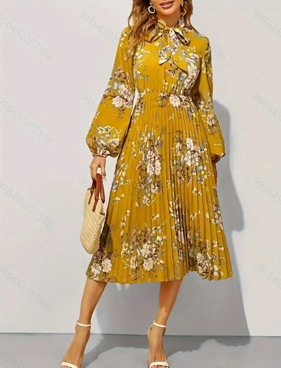 Belle robe tunique élégante à manches bouffantes jaune à fleurs taille XL