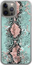 Casimoda® hoesje - Geschikt voor iPhone 12 Pro - Slangenprint pastel mint - 2-in-1 case - Schokbestendig - Slangenprint - Verhoogde randen - Mint, Transparant