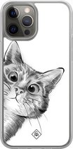 Casimoda® hoesje - Geschikt voor iPhone 12 Pro - Kat Kiekeboe - 2-in-1 case - Schokbestendig - Illustratie - Verhoogde randen - Wit, Transparant