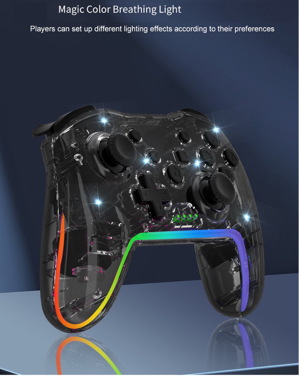 Pro Controller Draadloos - draadloze schakelaar controller - Geschikt voor Nintendo Switch Controllers - Controller Switch Support Turbo - up-functie en verstelbare LED (transparant zwart) – foto 4