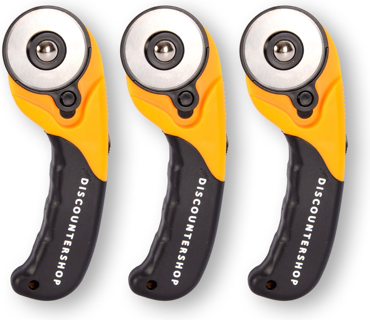 Discountershop Set van 3 Rolmessen 45 mm - Rotary Cutter - Stofschaar - Stofsnijder - Metaal/Kunststof - Geel/Zwart - 17x1.8x6 cm - Ergonomisch Handgreep