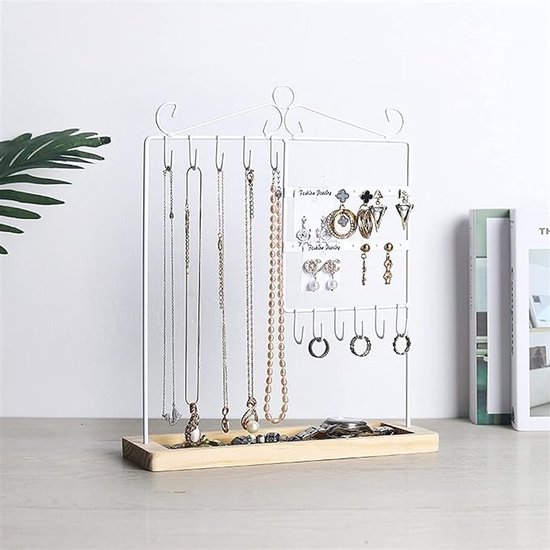 inkihuit Sieradenstandaard met laden, sieradenhouder met houten opbergbasis, compacte sieradenorganizer met 5 haken, voor kettingen en armbanden, ringen en oorbellen, elegant wit, 1 stuk