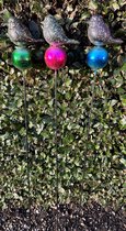 Metalen tuinstekers "vogels op bal "- Set van 3 stuks - Meerkleurig + Blauw / roze / groen - hoogte 98 x 12 x 1 cm - Tuindecoratie - Tuinaccessoires - Tuinstekers