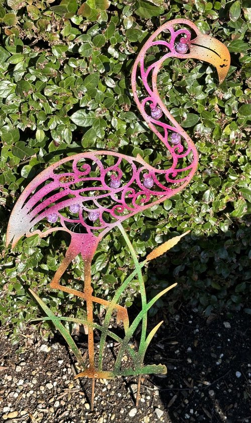 Metalen solarlamp op tuinsteker "flamingo" - meerkleurig - met glazen sier stenen - tuinsteker - hoogte 85 x 33 x 1 cm - Tuindecoratie - Tuinverlichting
