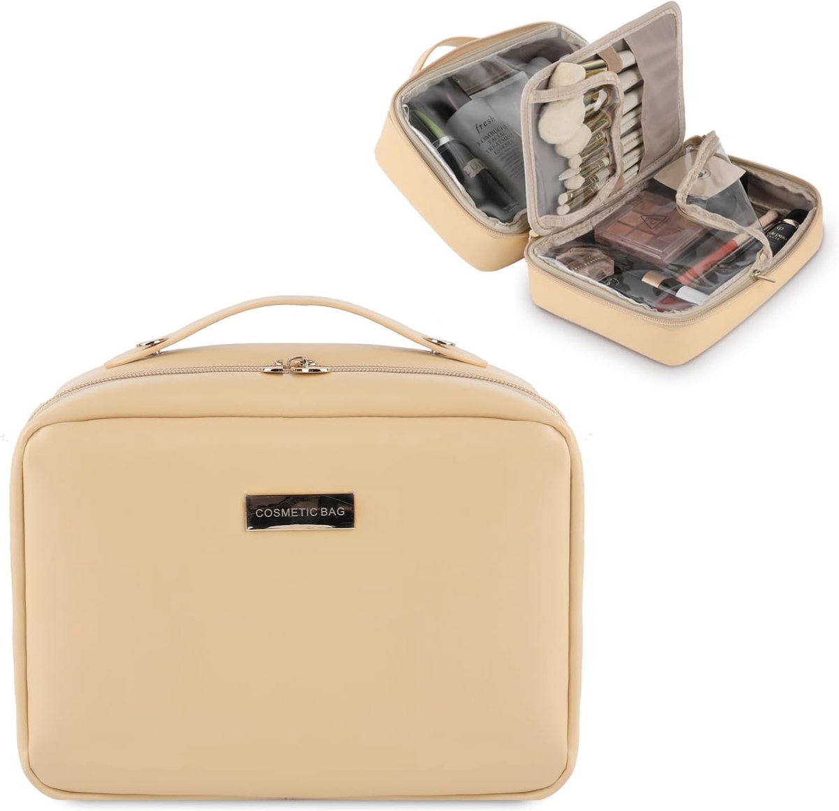 Make-uptas met grote capaciteit voor op reis, PU-lederen waterdichte make-uptas, draagbare make-uptas voor op reis met handvat en vakken, platte organizer/tas voor make-up, Beige