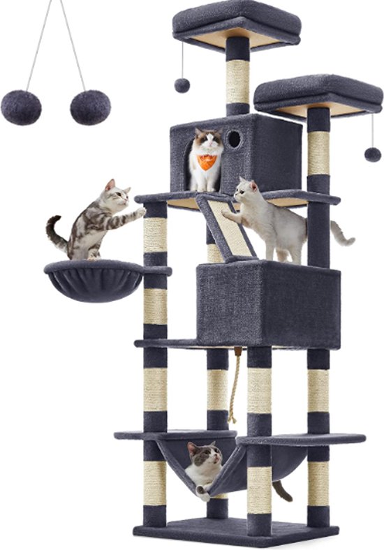 Heybly Krabpaal, 173 cm Hoog, Kattenboom, Met 16 Krabpalen, 2 Grote