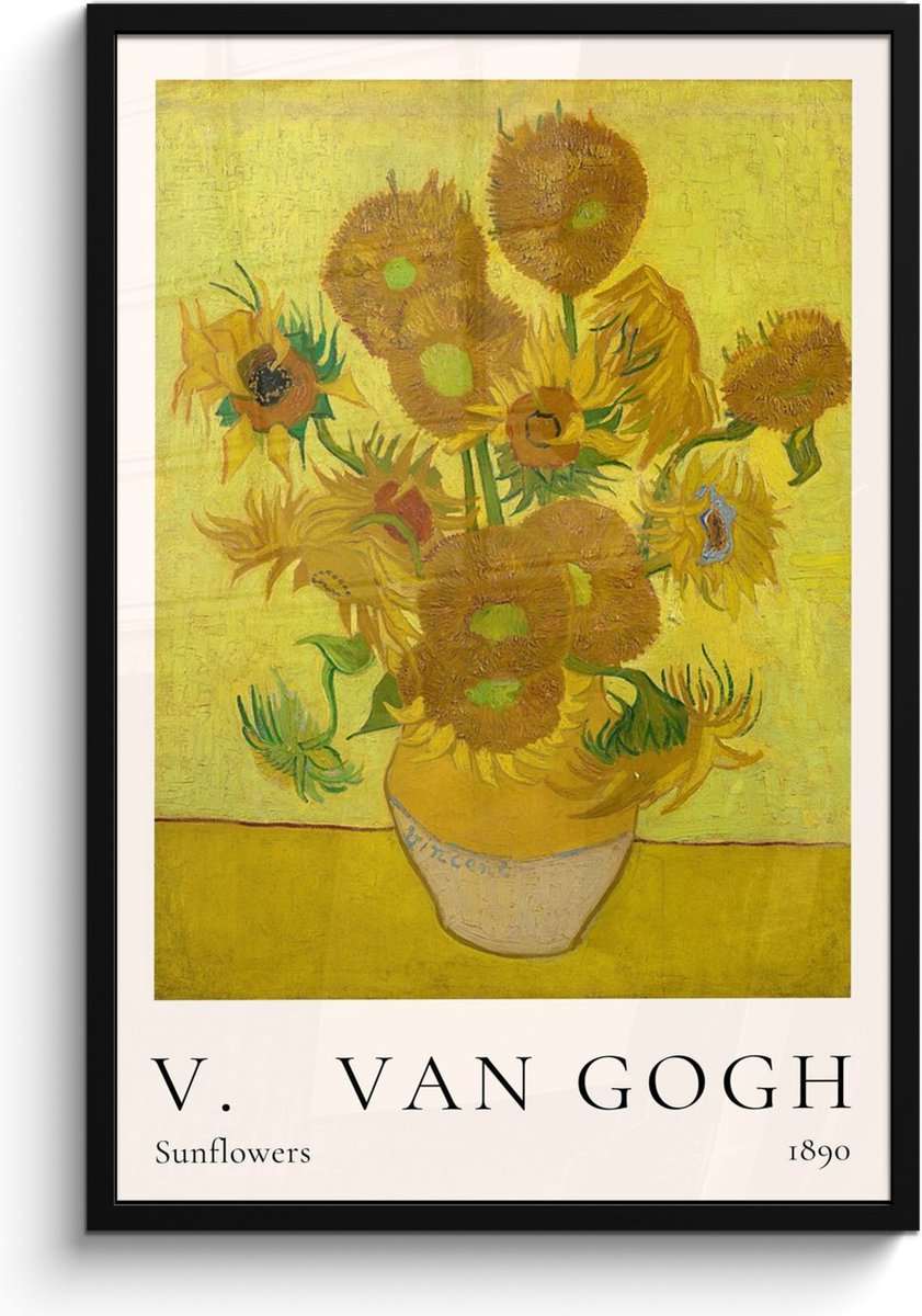 FrameYourWall Poster in lijst - Fotolijst 60x90 cm - Posters - Vincent van Gogh - Sunflowers - Kunst - Oude meesters - Zonnebloemen - Posterlijst zwart - Decoratie - Wanddecoratie woonkamer - Muurdecoratie slaapkamer