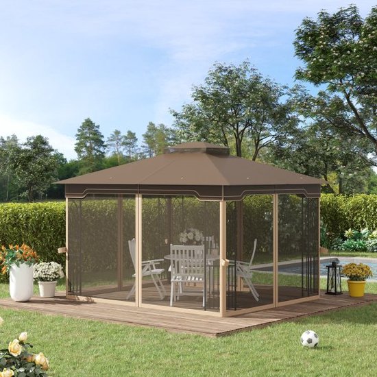 Foto: Pavilion garden pavilion 3 65 x 3 m gardentententient tent tent met 4 x muggen netto ademende dubbele dakmetaal polyester bruin beige