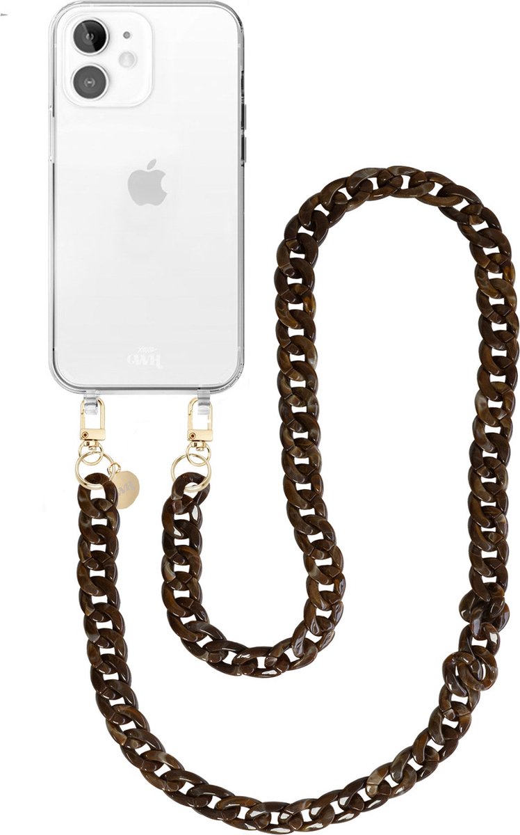 xoxo Wildhearts siliconen hoesje - Geschikt voor iPhone 11 - Brown Chocolate - Telefoonhoesje - Hoesje met koord - Bruin koord - lang telefoonkoord - Transparant hoesje (lange variant)