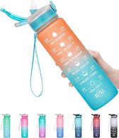 Drinkfles, 1 liter, sportdrinkfles met rietje, BPA-vrij, motiverende waterfles met tijdmarkering, lekvrije Tritan-waterkan voor fiets, camping, yoga, gym, outdoorsport