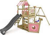 WICKEY speeltoestel klimtoestel SeaFlyer met schommel & pastelroze glijbaan, outdoor klimtoren voor kinderen met zandbak, ladder & speelaccessoires voor de tuin