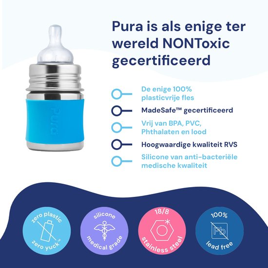 Pura Speenfles 150 ml - Plasticvrij - Drinkfles - Voorkomt Maagkrampen - Vaatwasserbestendig - Inclusief Siliconen Speen, Reisdop en Sleeve - Top is Verwisselbaar - Veelzijdig - Aqua van Merkloos — afbeelding 3