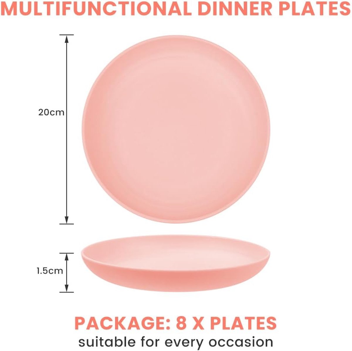 Plastic bordenset 8-delig 20 cm kunststof borden van PP campingservies magnetron en vaatwasmachinebestendig lichte platte borden herbruikbaar saladeborden voor pizza pasta salade