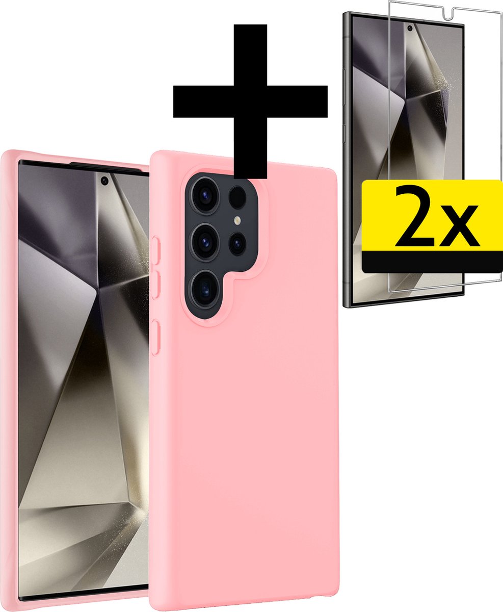 Hoesje - Met 2x Screenprotector - Geschikt voor Samsung Galaxy S24 Ultra - Sterk & Shockproof - Back Cover - Siliconen Case - Telefoon Hoes - Telefoonhoesjes - Lichtroze