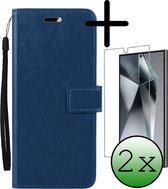 Hoes Geschikt voor Samsung S24 Ultra Hoesje Bookcase Hoes Flip Case Book Cover Met 2x Screenprotector - Hoesje Geschikt voor Samsung Galaxy S24 Ultra Hoes Book Case Hoesje - Donkerblauw.