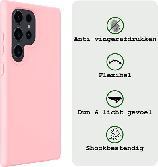 Hoesje Met Screenprotector - Geschikt voor Samsung Galaxy S24 Ultra - Sterk & Shockproof - Back Cover - Siliconen Case - Telefoon Hoes - Lichtroze