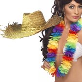 Toppers - Carnaval verkleedset - Tropical Hawaii party - dames strohoed in beige - en volle bloemenslinger multi colours
