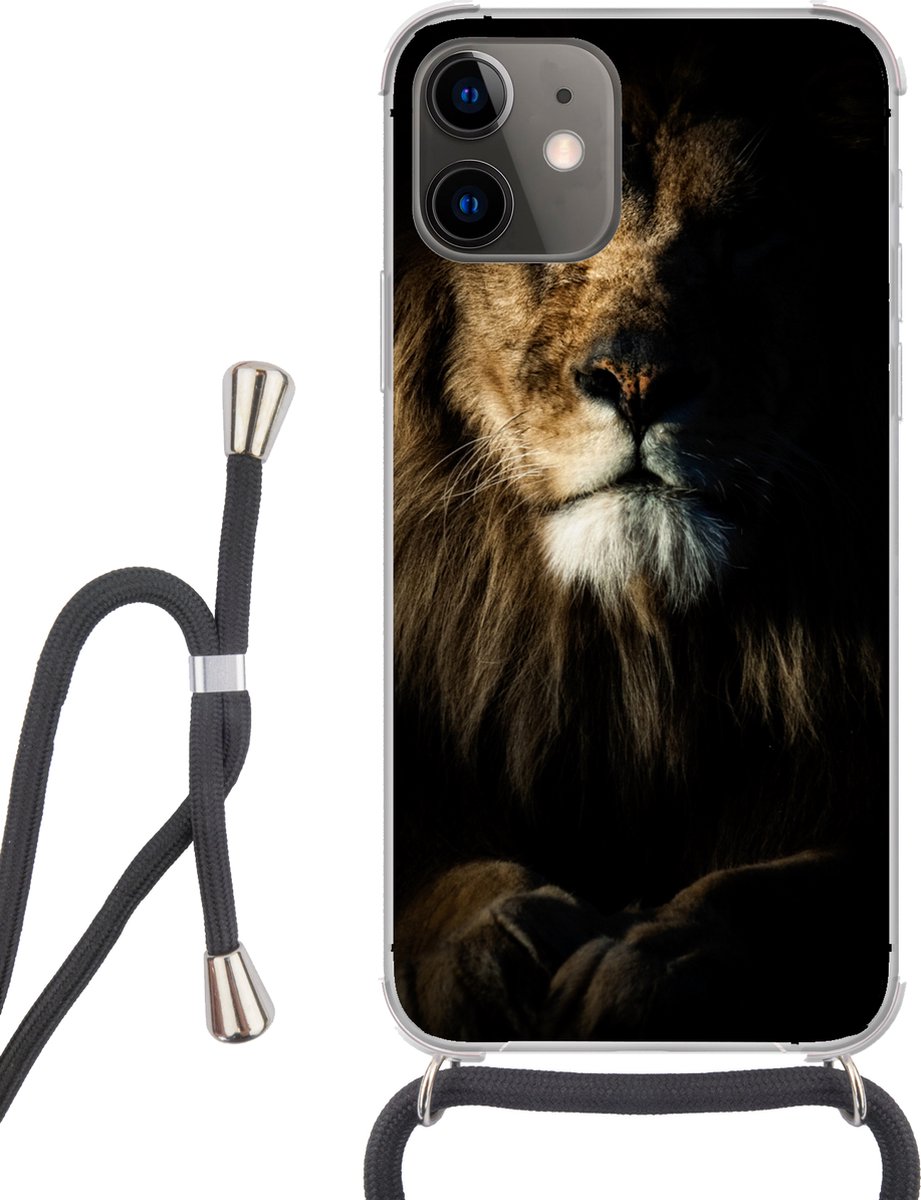 Telefoonhoesje Geschikt voor iPhone 12 - Leeuw - Licht - Portret - Siliconen - Crossbody - Backcover met Koord - Telefoonhoesje met koord - Hoesje met touw Telefoonhoesje