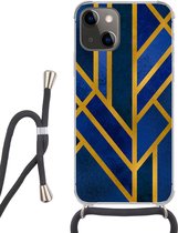 Hoesje met koord Geschikt voor iPhone 13 Mini - Goud - Blauw - Luxe - Siliconen - Crossbody - Backcover met Koord - Telefoonhoesje met koord - Hoesje met touw