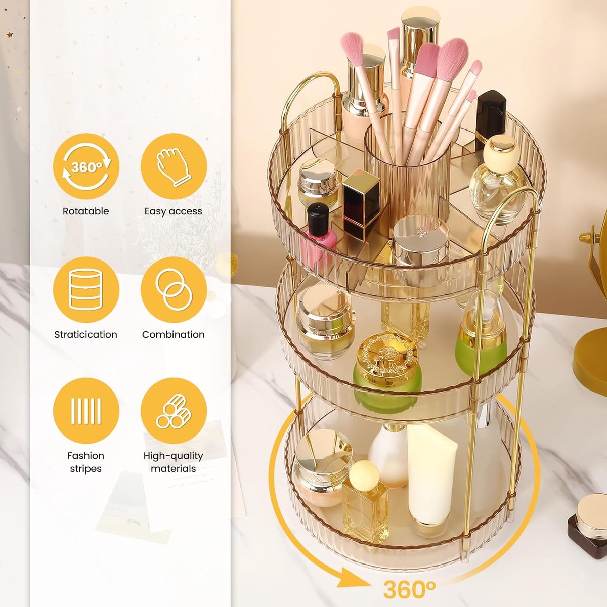 Organizer make-up 360 graden draaibaar cosmetica-organizer met vakken grote capaciteit multifunctionele organizer make-up voor make-uptafel badkamer slaapkamer (3 lagen barnsteen)
