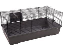 Hamsterkooi – Flamingo Mobi – caviakooi & dwergkonijnenkooi – binnenkooi met hooiruif en diepe bodem – metaal zwart & grijs – 99x53x42,5 cm – Europese kwaliteit