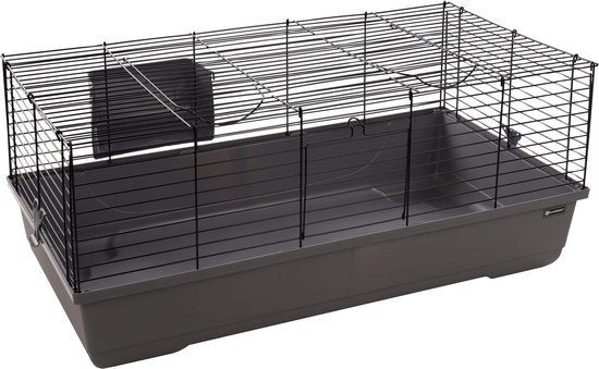 Hamsterkooi – Flamingo Mobi – caviakooi & dwergkonijnenkooi – binnenkooi met hooiruif en diepe bodem – metaal zwart & grijs – 99x53x42,5 cm – Europese kwaliteit