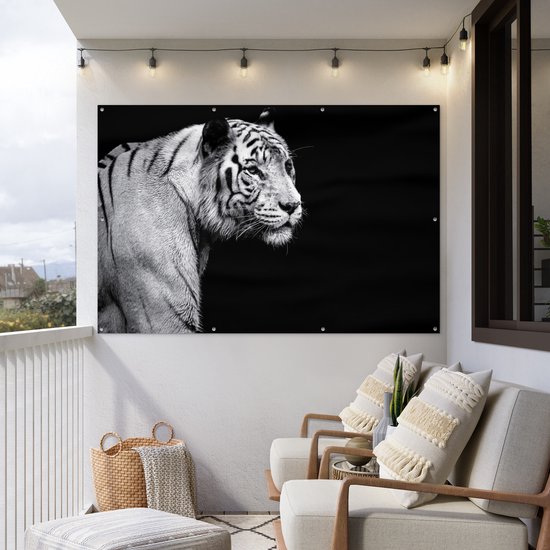 Tigre blanc de Sibérie sur fond noir affiche de jardin toile en vrac 180x120 cm - Toile de jardin / Toile d'extérieur / Peintures d'extérieur (décoration de jardin) XXL / Groot format!