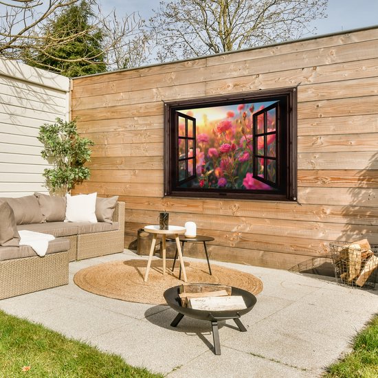 GreatGardenPosters Tuinposter – Overwoekerd Oud Raam, 120x80 Cm, UV-bestendig, Met Ophangringen
