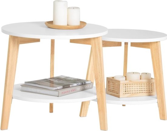 en.casa] Salontafelset Christchurch set van 2 ronde salontafels flexibel te combineren ruimtebesparend ontwerp marmerlook wit zwart en goudkleurig