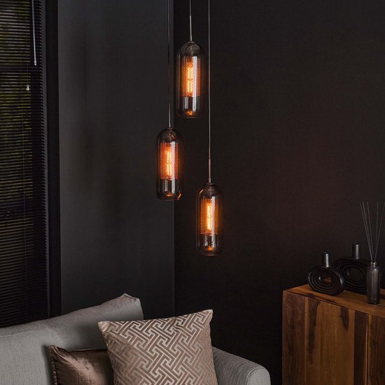 Lampe suspendue industrielle Artic | 3 lumières | verre fumé étagé et acier perforé | Ø 35 cm | Noir | hauteur réglable jusqu'à 180 cm | Salon salle à manger | design contemporain