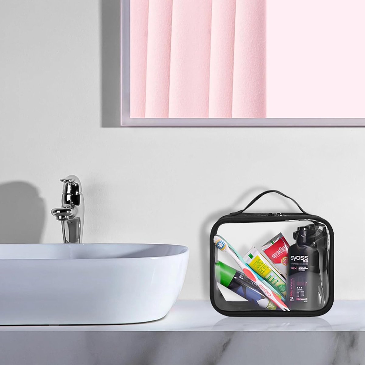 -Goedgekeurde toilettas met riem, doorzichtige reisvloeistoffen Toiletartikelen en cosmetica Organizer Handbagage voor dames en heren, zwart (pak van 3)