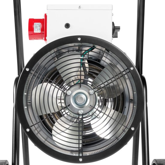 Aanzicht op de ventilator en het verwarmingselement van de Trotec TDS 75 R met rode stroomaansluiting aan de zijkant.