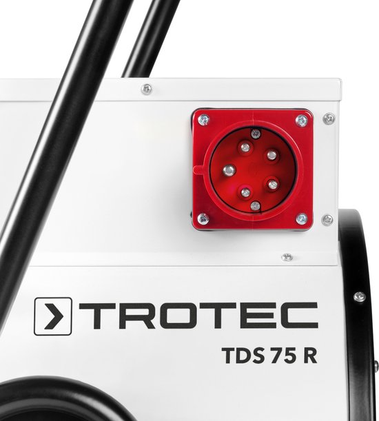 Detail van de rode stroomaansluiting op de witte behuizing van de Trotec TDS 75 R kachel.