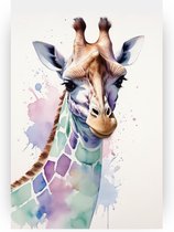 Giraffe in waterverf - Giraffe schilderijen canvas - Wanddecoratie aquarel - Landelijk schilderij - Schilderijen op canvas - Slaapkamer accessoires - 100 x 150 cm 18mm