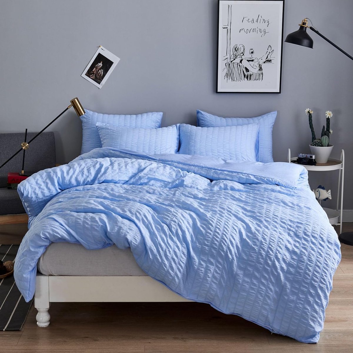 Seersucker Beddengoed, 135 x 200 cm, 4-delig, blauw, reliëf, gestructureerd, chic, beddengoedsets, effen, microvezel, zacht dekbedovertrek, 2 dekbedovertrekken met ritssluiting en 2 kussenslopen 80 x 80 cm