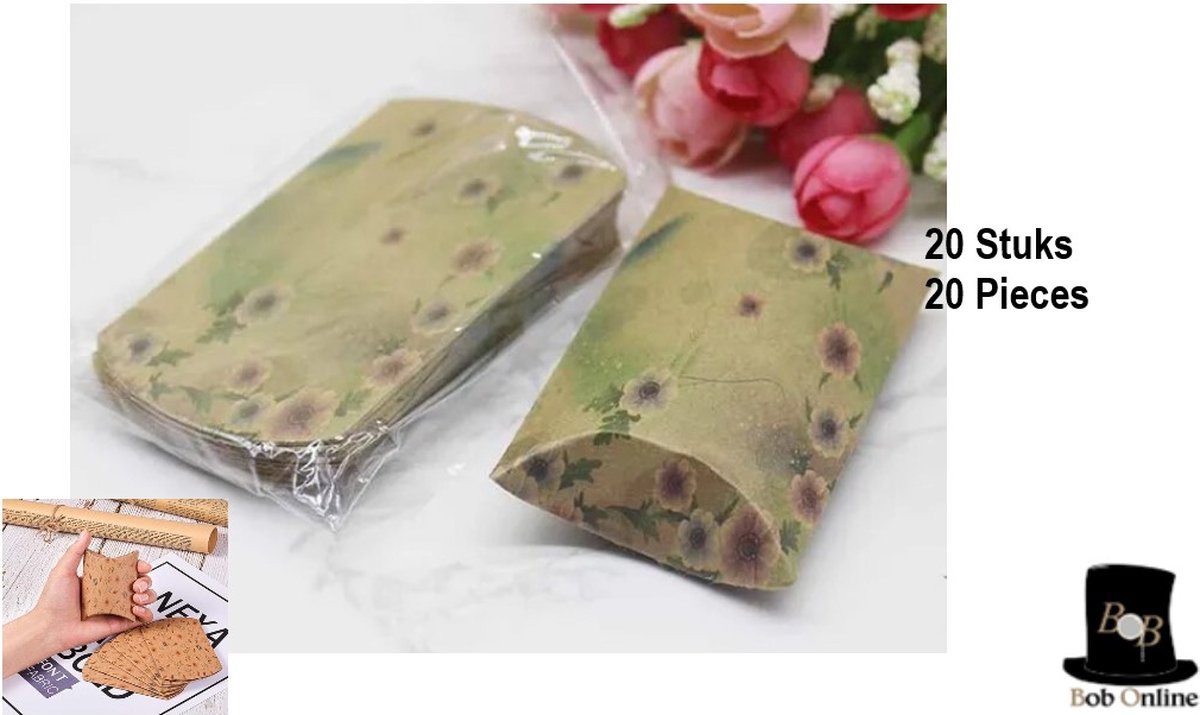 Bob Online™ - 20 Stuks - Bloemen Ontwerp - Papier Kussen Vorm Geschenkdoosjes – Ideaal voor Bruiloft, Verjaardagsfeest, Baby Shower, Kerstfeest - Kraftpapier Snoepdoosjes – Milieuvriendelijk en Recyclebaar – Floral Print Pillow Gift Packaging