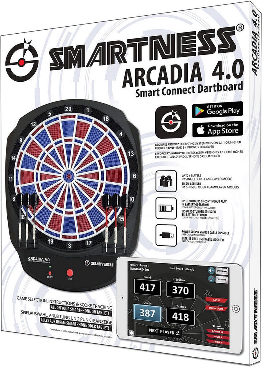 Carromco Electronic Dartboard with App, 2-Hole, Smartness Arcadia 4.0, Red-Blue for 1-8 Players with Darts and USB Cable, with 17 Games/312 Variations (incl. Cricket