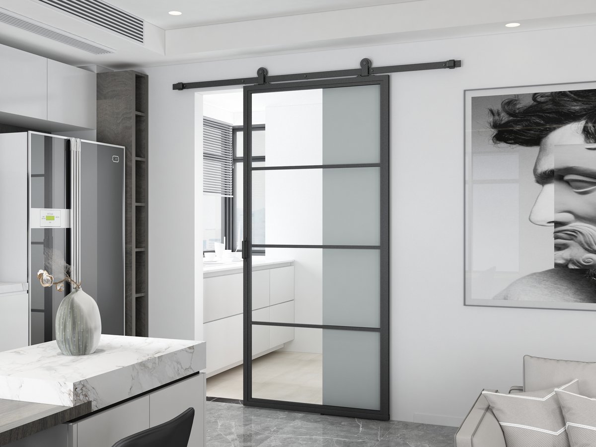 Barnwoodweb Schuifdeur staal en glas 4 vaks helder glas 100x235 - Complete set inclusief schuifdeursysteem en deurgreep