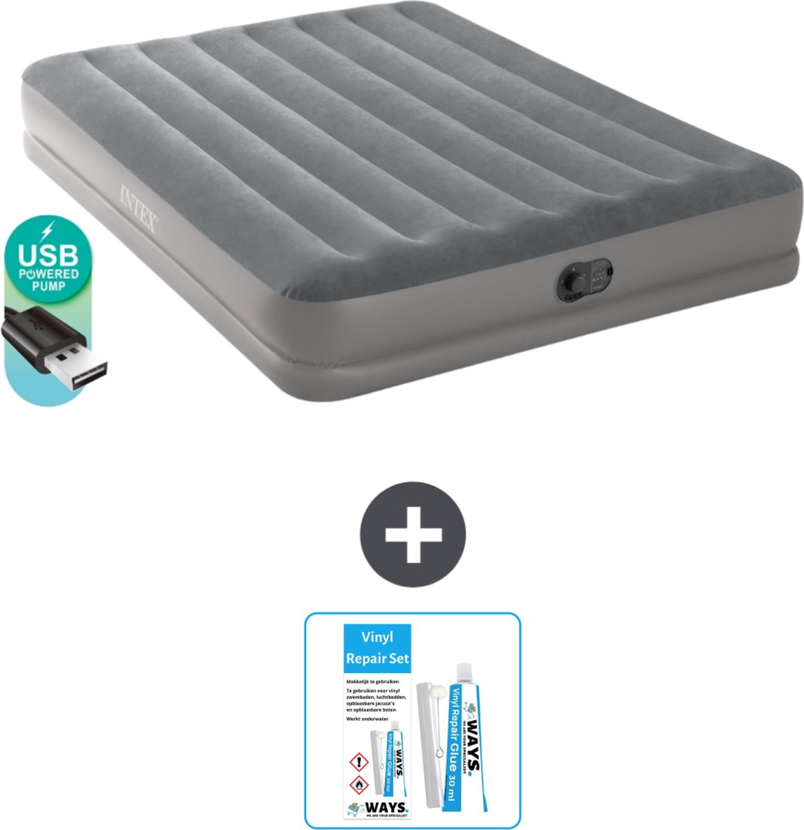 Intex Luchtbed - 2-Persoons - 152 x 203 x 30 cm - Grijs - Inclusief pomp - Accessoires CB21