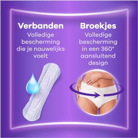 Witte inlegger met paarse rand en blauwe druppel, naast een vrouw in wit ondergoed. Volledige bescherming die je nauwelijks voelt.