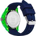 Achterkant van een blauw horloge met neon-groene kast en donkerblauwe band.