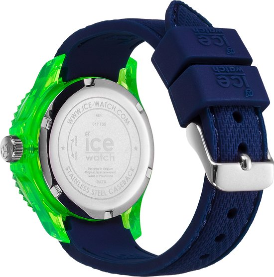 Achterkant van een blauw horloge met neon-groene kast en donkerblauwe band.