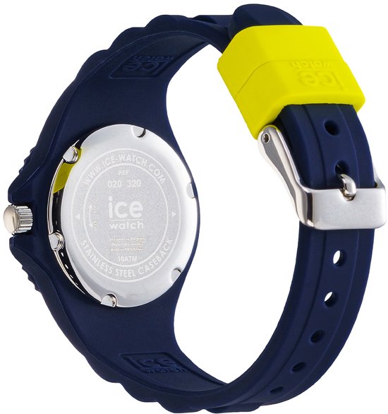 Achterkant donkerblauw horloge met zilverkleurige gesp en gele bandhouder.