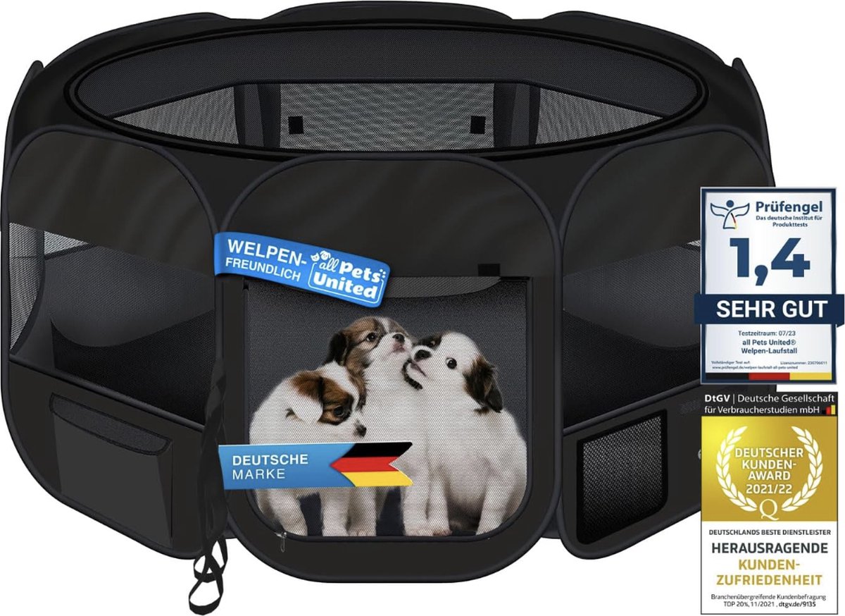 tectake® Puppybox - Dierenbox, Puppyren voor Honden, Katten, Konijnen - Ren en Verblijf voor Appartement of Camping - Hondenhek, Oefenverblijf voor Kleine Dieren - Zwart