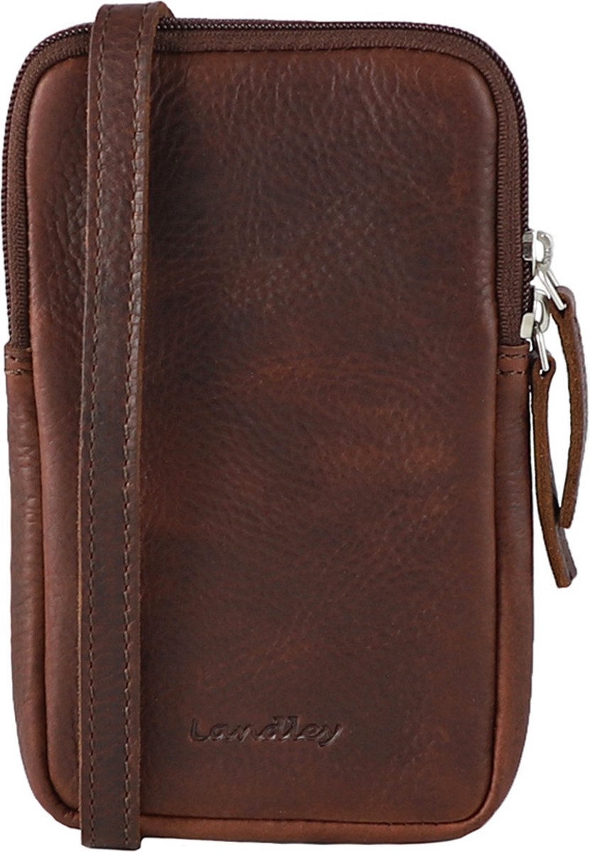 Landley Compact Leren Dames Telefoontasje - Antique Vintage Pull-up Leer - Donker Cognac / Bruin
