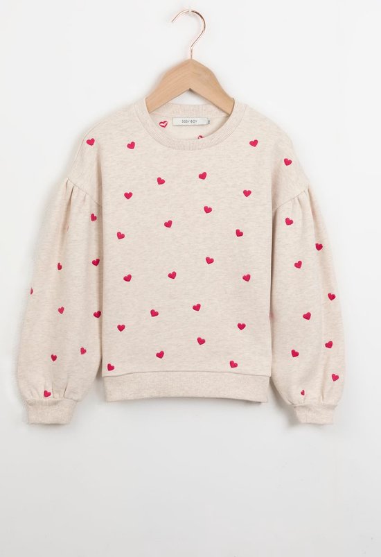 Sissy-Boy - Beige sweater met pofmouwen en hartjes embroidery